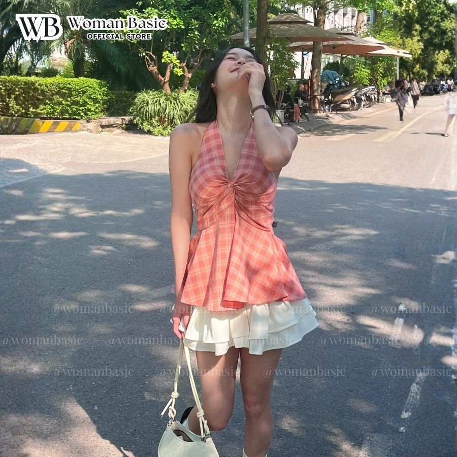 Áo yếm nữ WOMAN BASIC xoắn ngực lưng chun họa tiết kẻ caro co dãn CÓ MÚT chất thô cotton caro AY11 | BigBuy360 - bigbuy360.vn