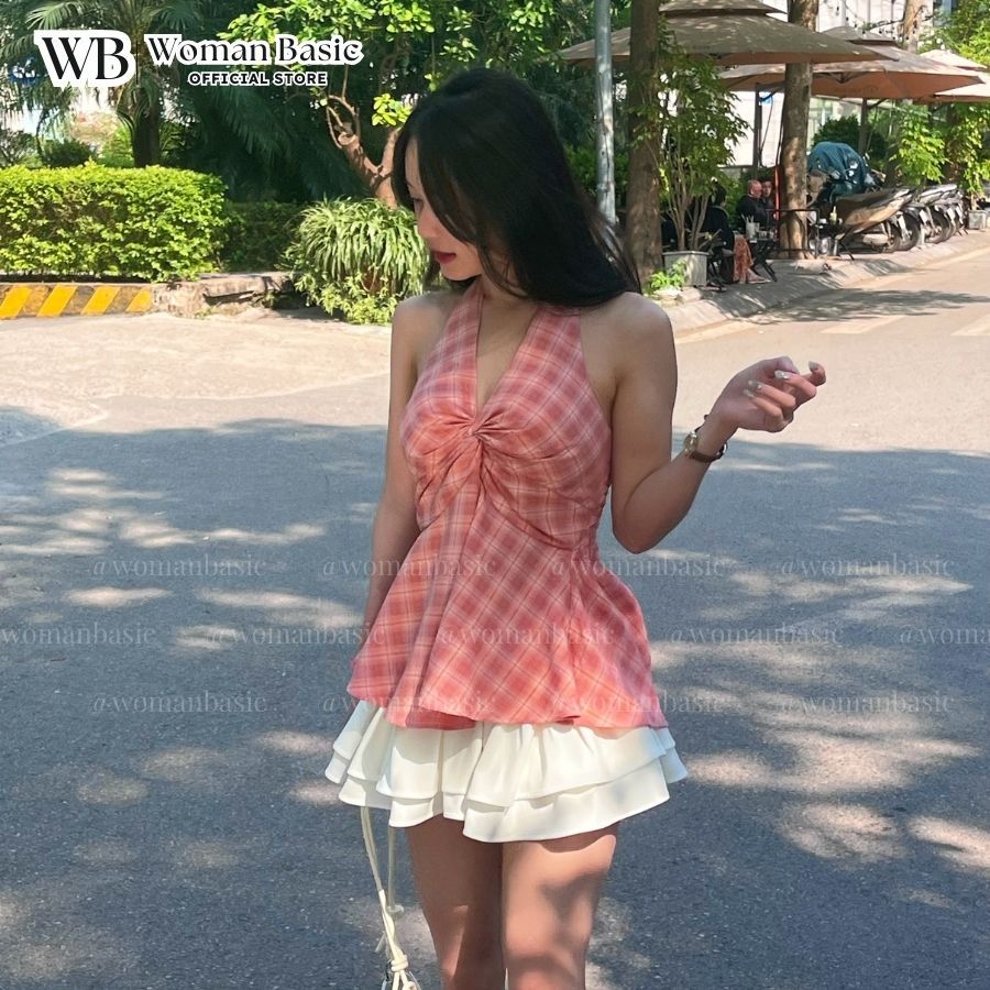 Áo yếm nữ WOMAN BASIC xoắn ngực lưng chun họa tiết kẻ caro co dãn CÓ MÚT chất thô cotton caro AY11 | BigBuy360 - bigbuy360.vn