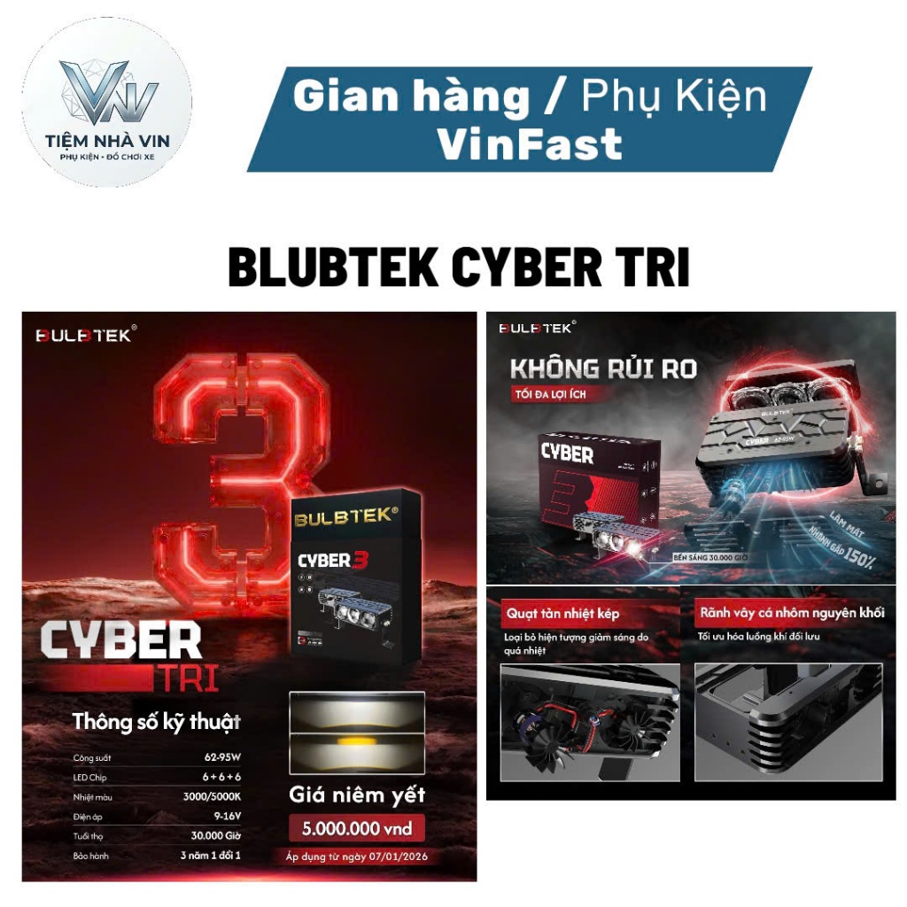 Đèn trợ sáng CYBER 3 BULBTEK nhiệt màu 3000k/500k, BH 3 năm, Chống nước IP68.