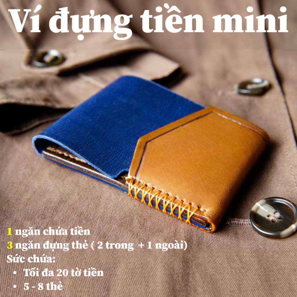 VÍ DA NAM MINI HANDMADE – PHỐI MÀU XANH NAVY & NÂU – chính hãng Thành Long leather store