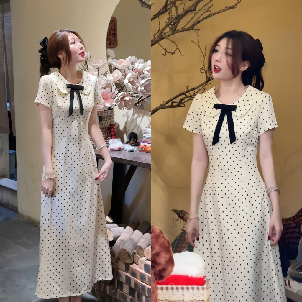 Váy ngắn tay cổ sen đính nơ họa tiết chấm bi chiết eo nhẹ nhàng dáng xòe xixeoshop - V26, V73 | BigBuy360 - bigbuy360.vn