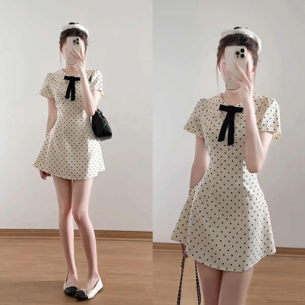 Váy ngắn tay cổ sen đính nơ họa tiết chấm bi chiết eo nhẹ nhàng dáng xòe xixeoshop - V26, V73 | BigBuy360 - bigbuy360.vn