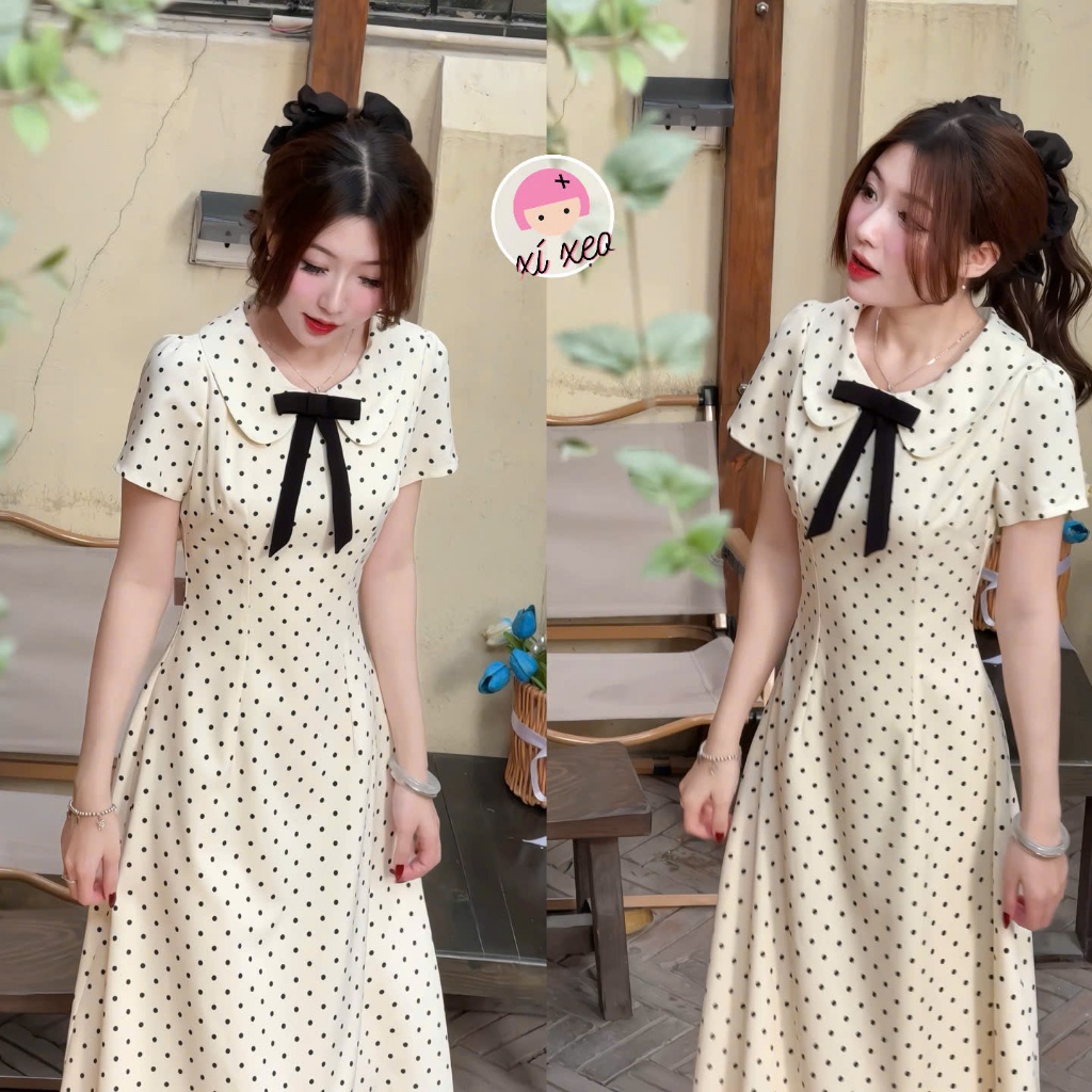 Váy ngắn tay cổ sen đính nơ họa tiết chấm bi chiết eo nhẹ nhàng dáng xòe xixeoshop - V26, V73 | BigBuy360 - bigbuy360.vn