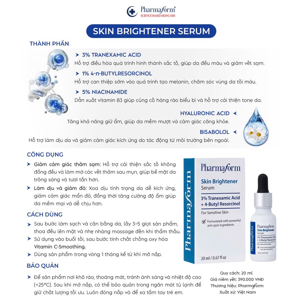 Tinh chất Pharmaform Skin Brightener Serum 3% Tranexamic acid + 5% Niacinamide Sáng Da 20ml