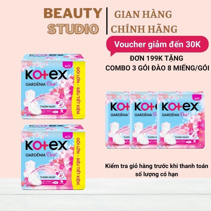 Combo Băng vệ sinh Kotex Gardenia Deo+ - Hoa Anh Đào mặt bông siêu mỏng cánh 23cm 20 miếng