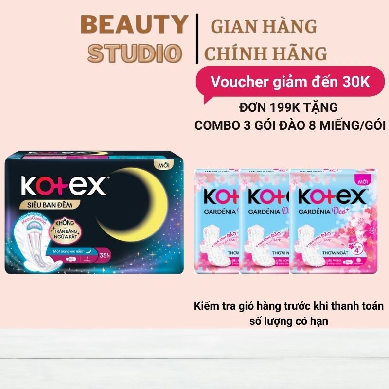 Combo Băng vệ sinh Kotex ban đêm mặt bông 8 miếng 35 cm siêu mỏng cánh