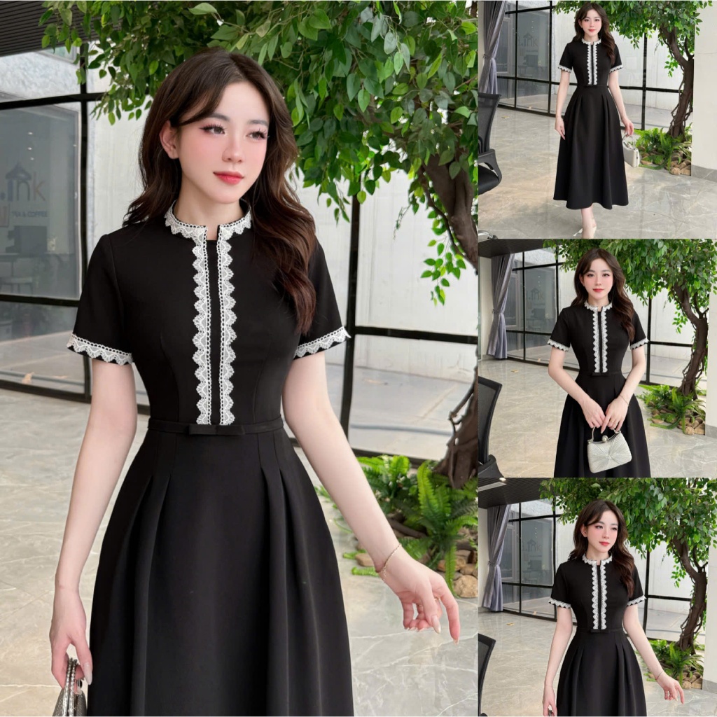 VK282 - Váy Thiết Kế Evii dành cho nữ, Đầm thiết kế cổ trụ phối viền ren, đai nơ may liền dáng  A xò