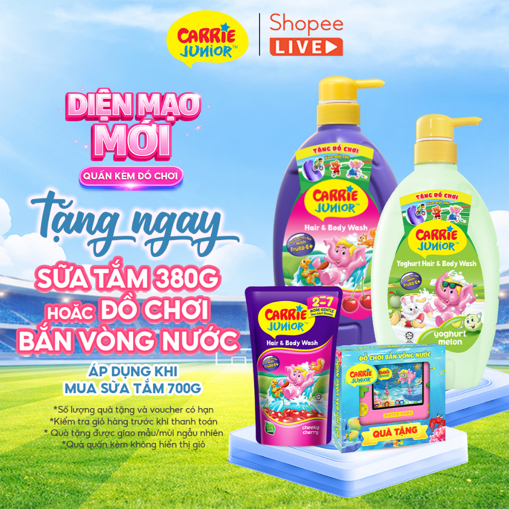[MỚI - Tặng đồ chơi bắn vòng nước] Chai Sữa Tắm Gội cho bé Carrie Junior Tím / Yoghurt ( 700g / 280g ) - Live