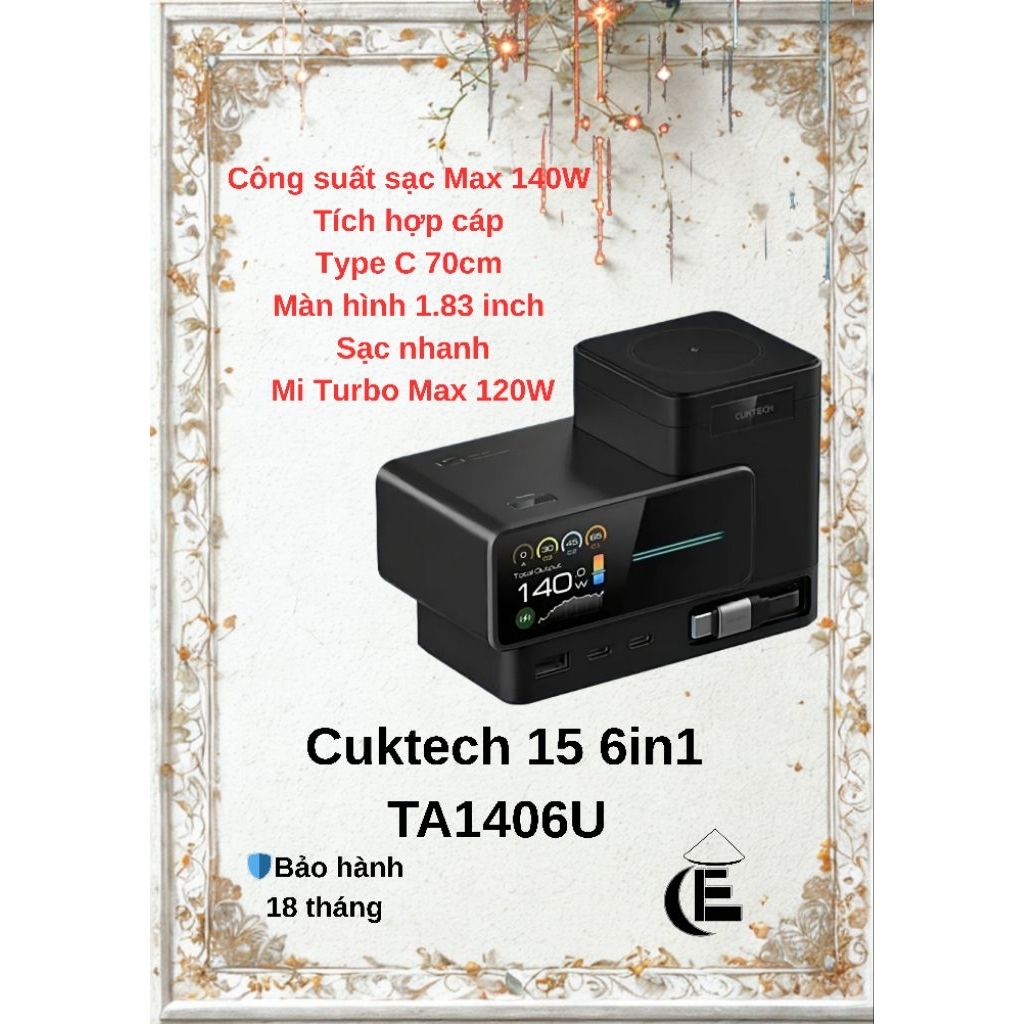Trạm Sạc GaN CUKTECH 15 6in1 TA1406U | Công Suất Max 140W | Màn Hình 1.83 Inch | Bảo Hành 18 Tháng