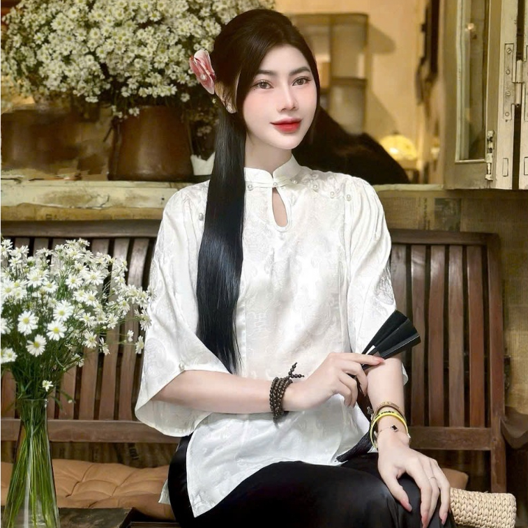 Đồ Đi Chùa Nữ Tịnh Tâm Tím ,lụa tuyết nhung cổ tàu giọt lệ truyền thống mềm mịn sang trọng từ 48-68kg,4SIZE S,M,L,XL