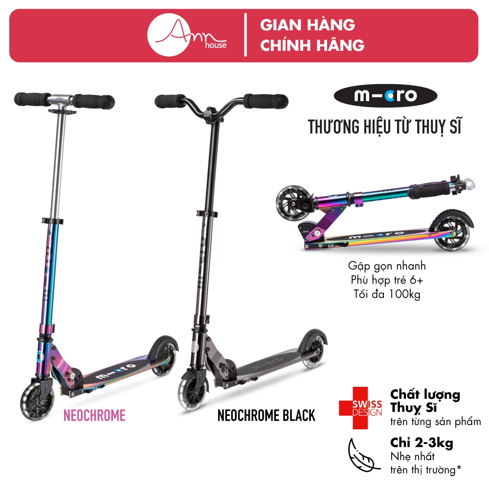 [Thuỵ Sĩ] Xe scooter Micro Sprite Neochrome - Bánh xe LED - Cho trẻ 6 tuổi trở lên - Bảo hành 2 năm
