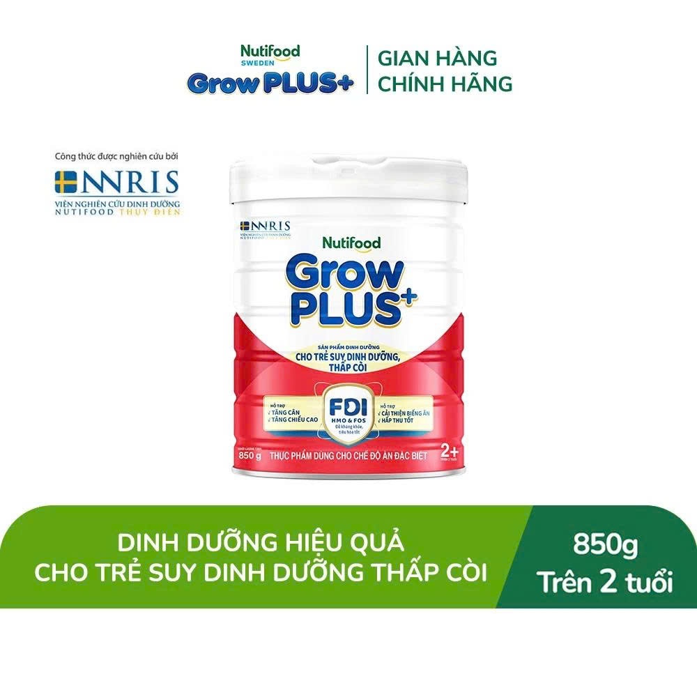(HSD T12-2027) (Tích Điểm + Kèm Quà) Sữa Bột Grow Plus  2+ LON 850g Suy Dinh Dưỡng Và Thấp Còi (Đỏ).