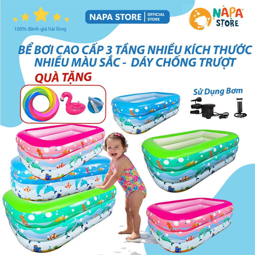 Bể Bơi Phao Vuông Cho Bé, Hồ Bơi Mini 2 Tầng Đáy Chống Trượt Nhiều Kích Thước