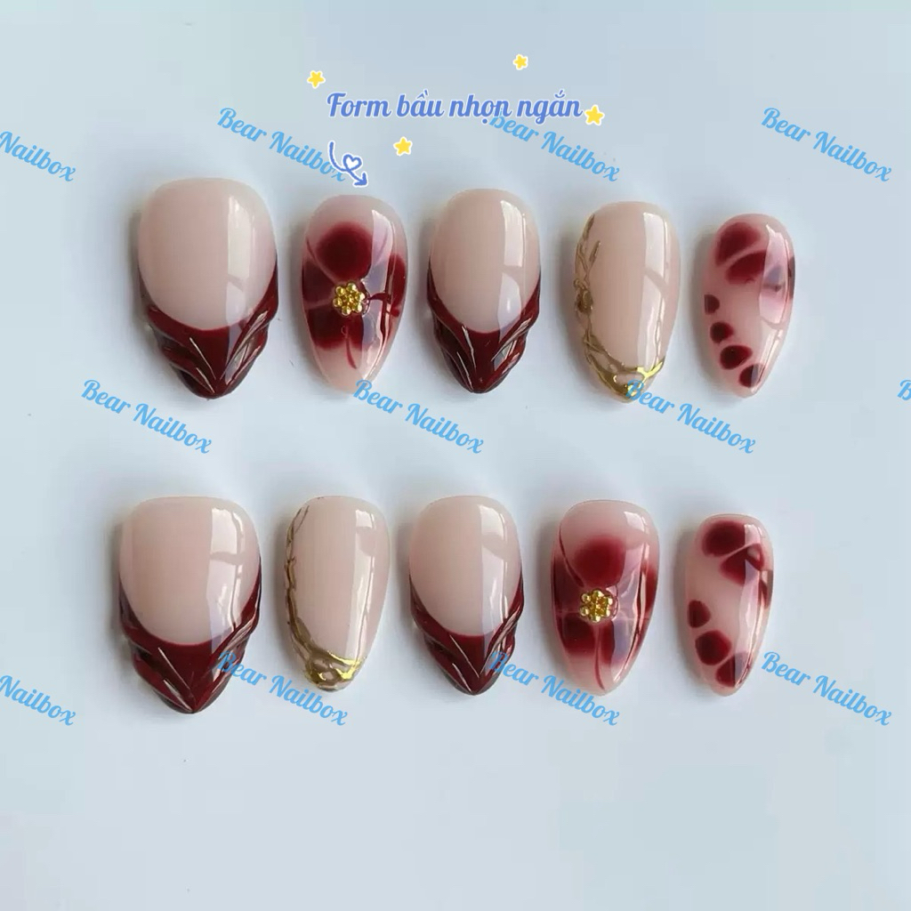 B520 Nailbox sơn thạch phối đỏ hoa loang vẽ đầu móng tráng gương, móng giả thiết kế bear nailbox