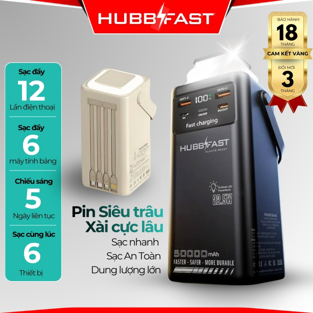 [CHÍNH HÃNG] Sạc dự phòng HUBBTRONIX 50.000mAh HubbFast PD60 sạc nhanh 22,5W dung lượng. BH 18 Tháng