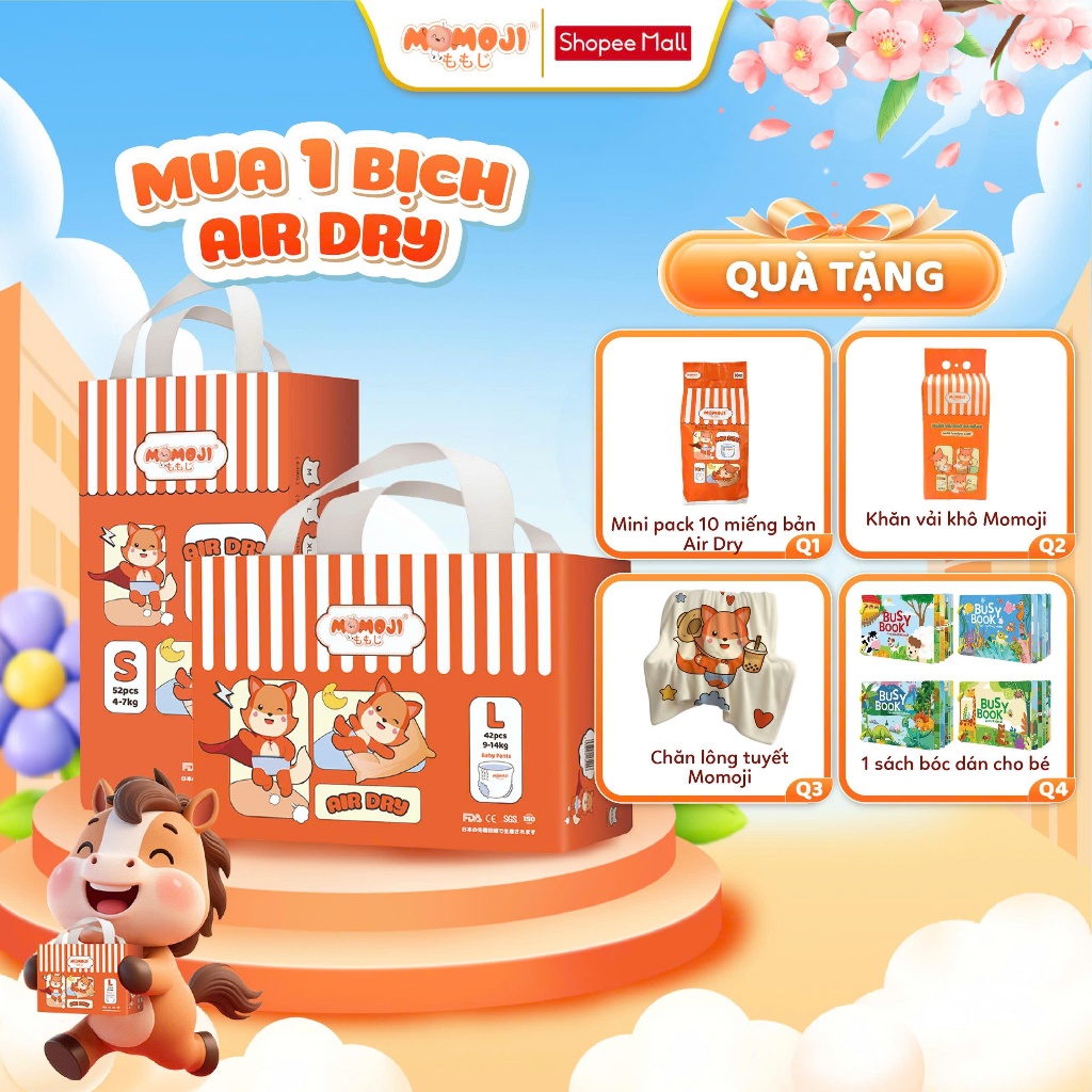 [Phiên Bản Mới] Tã Bỉm Quần Momoji Air Dry Êm Mềm, Siêu Khô Thoáng, An Toàn Cho Bé