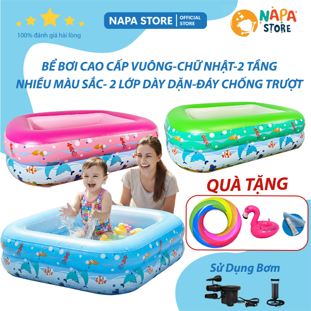 Bể Bơi Vuông 3 Tầng Cao Cấp Cho Bé, Nhiều Kích Thước, Đáy 2 Lớp Chống Trượt
