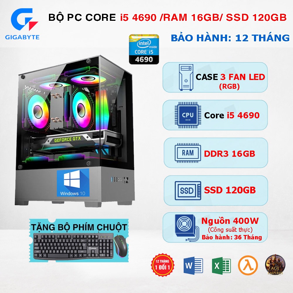 Bộ PC Core i5 4690 | RAM 16GB DDR3 | SSD 120GB | Nguồn 400W| Case bể cá 3 FAN RGB| Văn Phòng – Học T