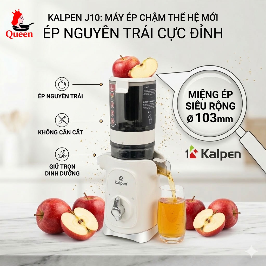 Máy ép chậm Kalpen J10 đường kính miệng 103mm, máy ép trái cây, máy ép hoa quả chậm chính hãng