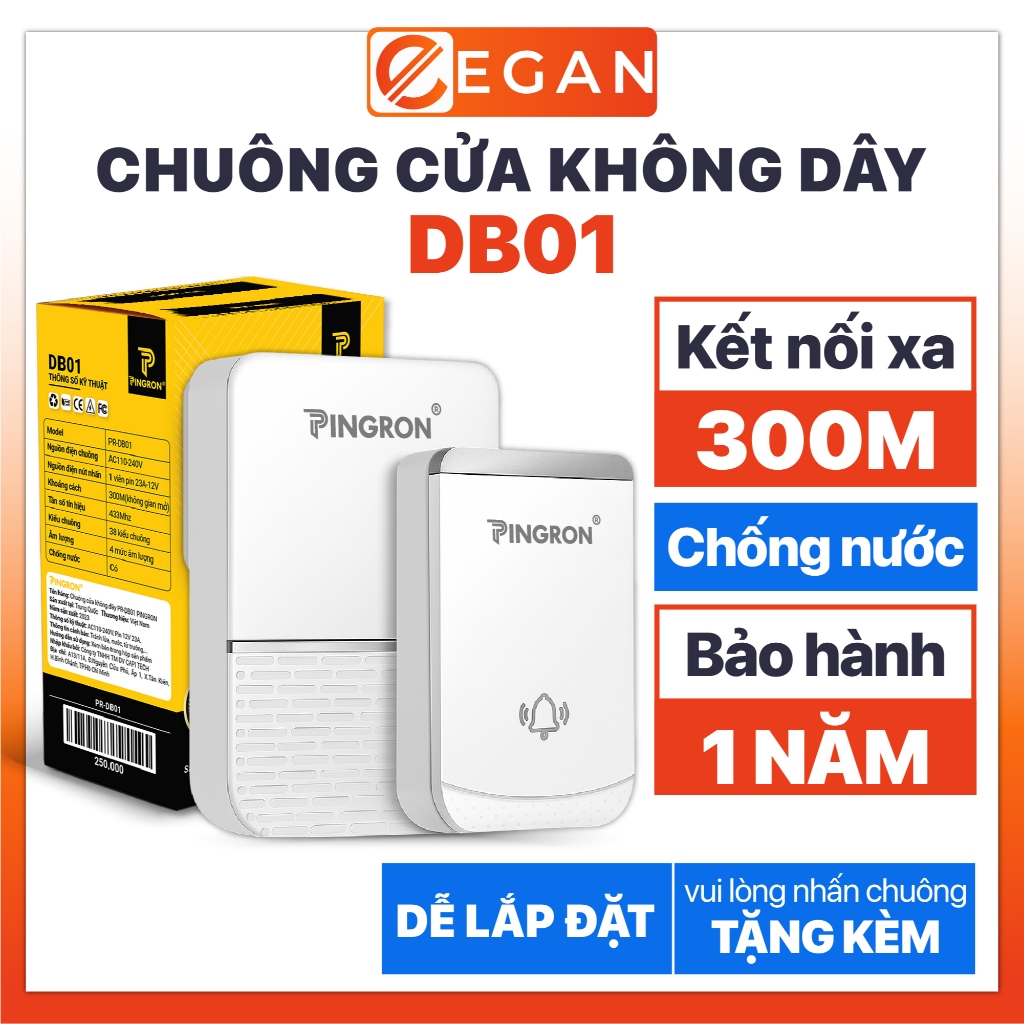Chuông Cửa Không Dây Cao Cấp Pingron Pr - Db01 Chống Nước Tốt, Kết Nối Xa 300M, Bảo Hành 1 Đổi 1, Hàng Chính Hãng.