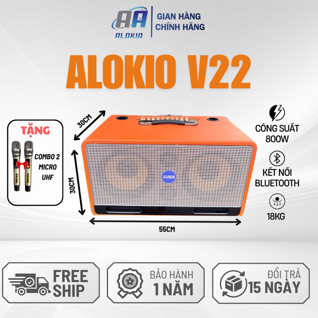 [ Chính Hãng ] Loa Karaoke Bluetooth Alokio V22 – 2 Bass 20 – Tặng 2 Micro UHF – Hát Karaoke Cực Hay