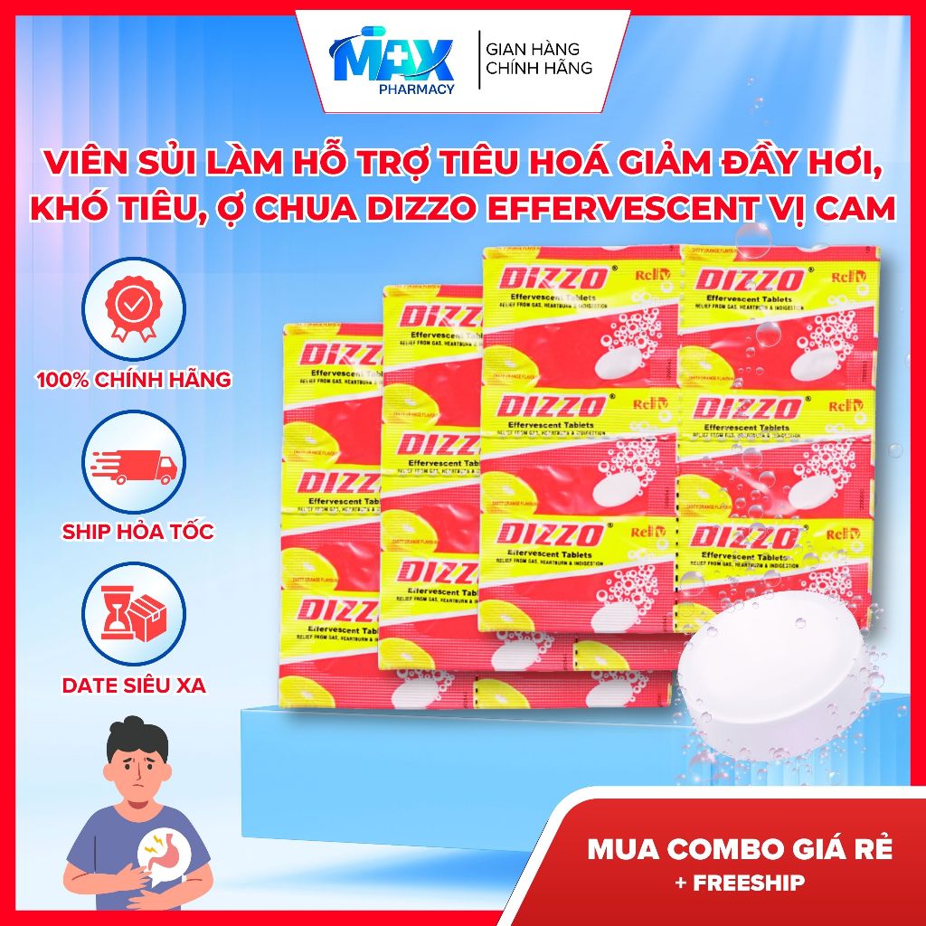 Viên Sủi Làm Hỗ trợ tiêu hoá Giảm đầy hơi, khó tiêu, ợ chua DIZZO Effervescent Vị Cam