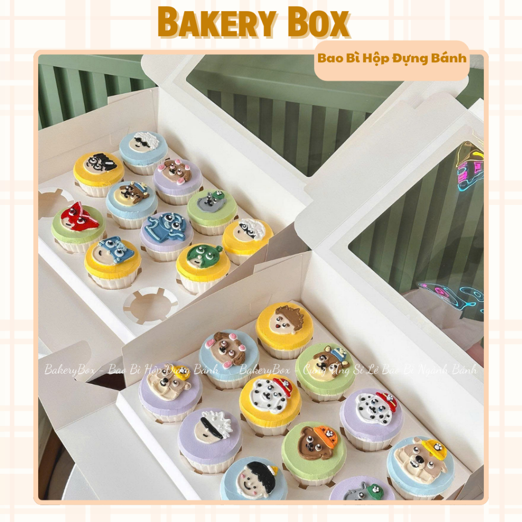 20 Hộp Giấy Trắng Đựng Bánh Cupcake Có Mặt Kính Trong Suốt 12 Ô - BAKERY BOX