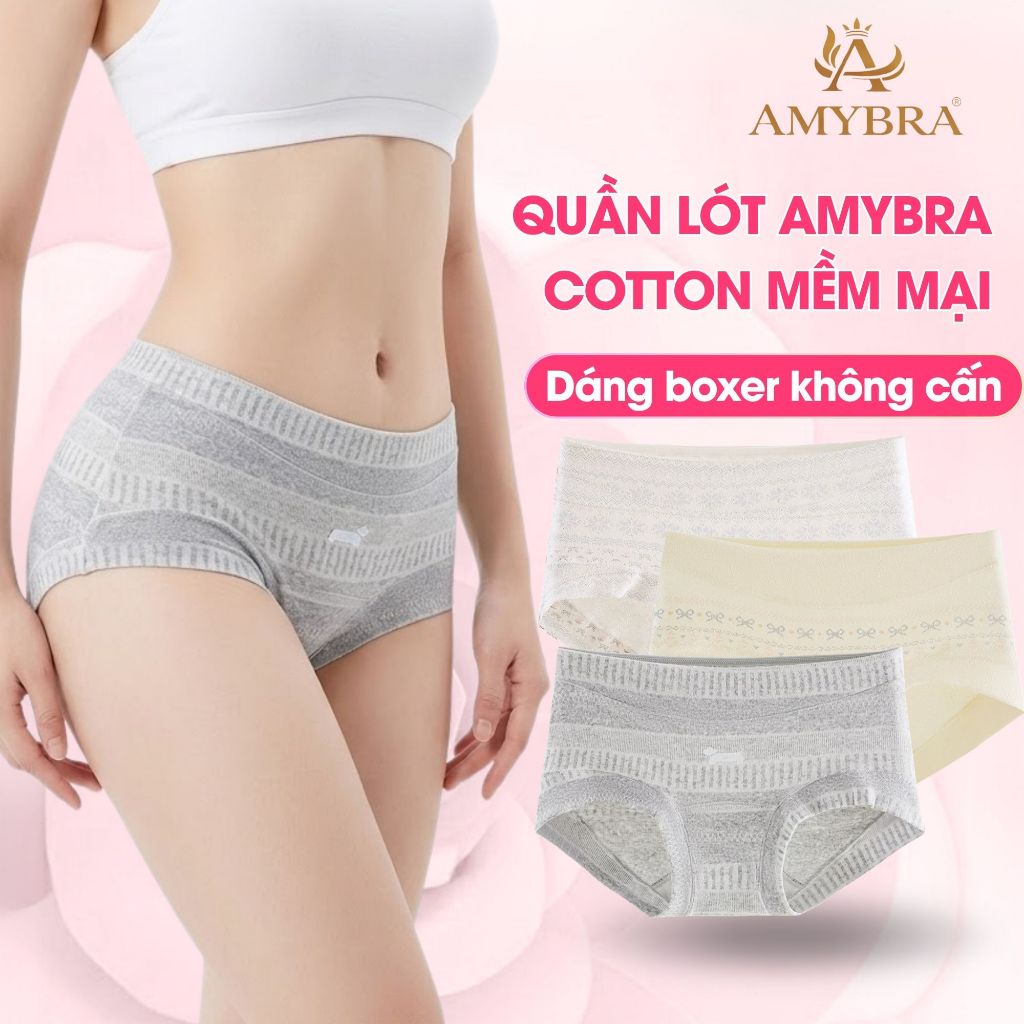 Combo Quần Lót Nữ Cotton In Họa Tiết, Quần Chip Nữ Dáng Boxer Mềm Mịn Không Hằn Cấn AMYBRA L5296