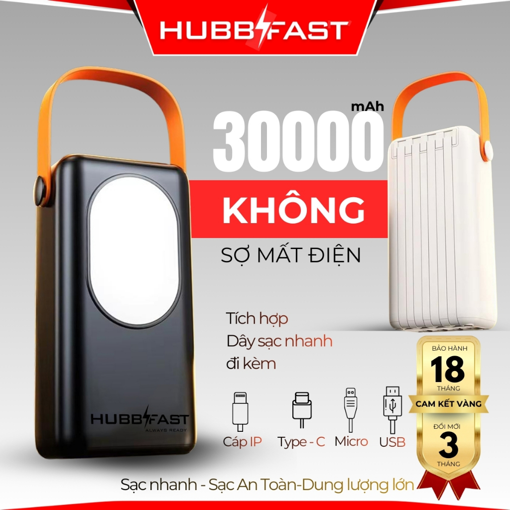 BỘ SẠC 30000mAh HUBBFAST PD35, sạc nhanh 22,5W,6 cổng,màn hình LED.Đèn siêu sáng 72 giờ.BH 18 Tháng