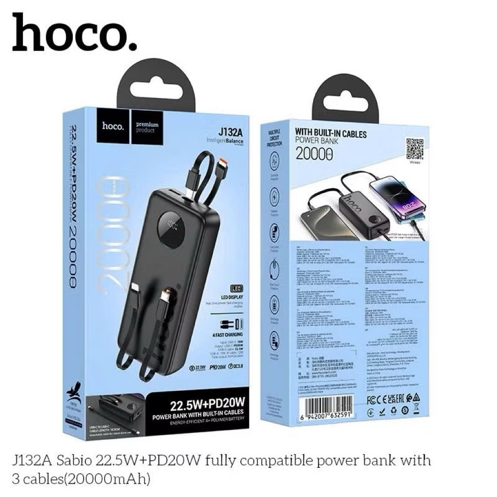 Sạc  Hoco J132A dung lượng 20.000mAh, sạc nhanh 22,5W+PD20W kèm 3 dây cáp sạc
