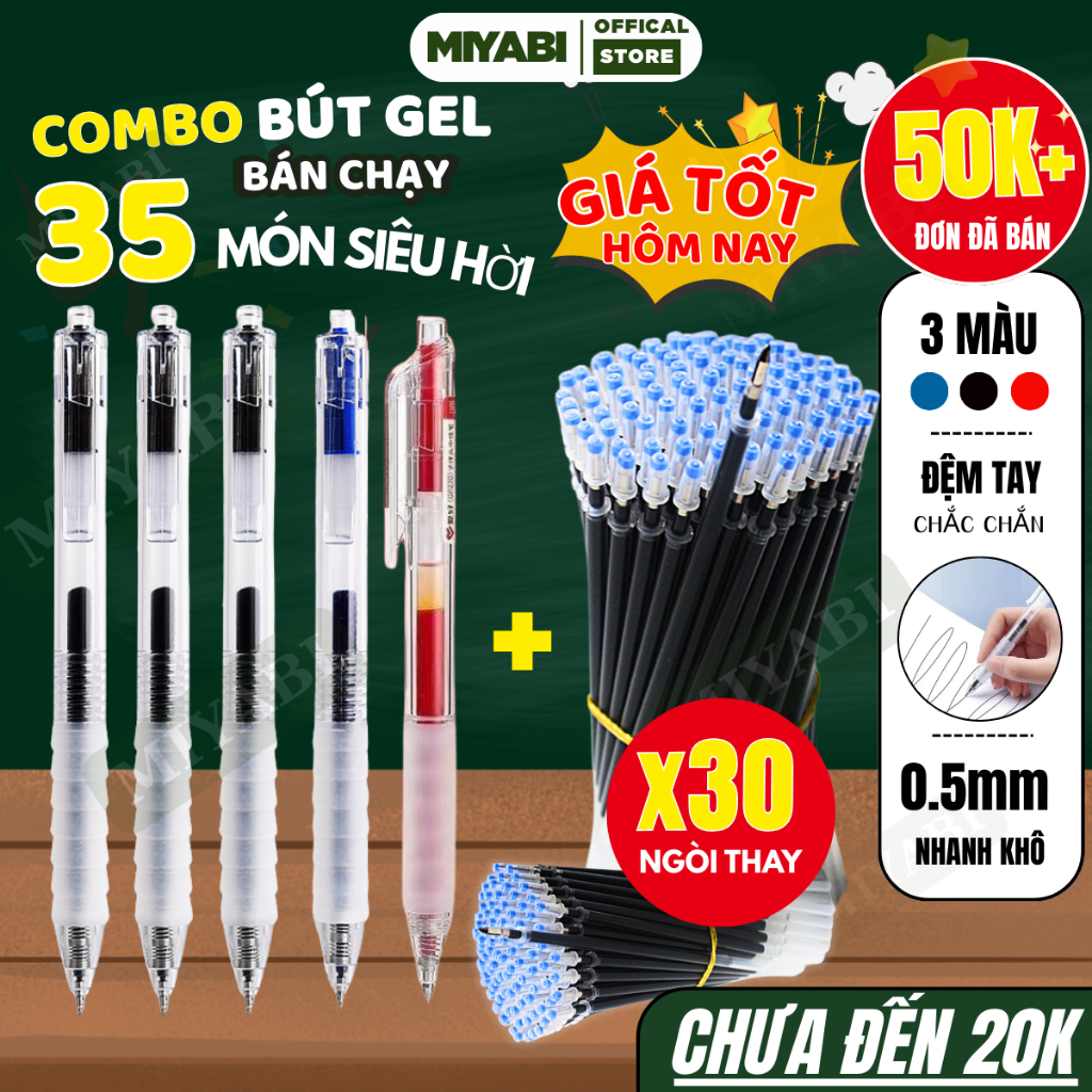Combo 5 bút gel + 30 ngòi thay bút gel, bút bi nước xanh đen đỏ,văn phòng phẩm đệm tay mực nhanh khô