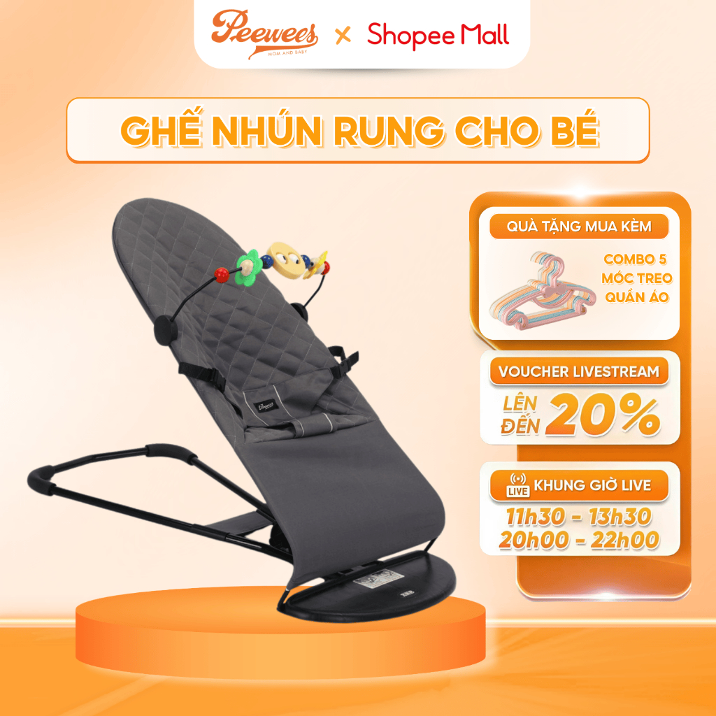 Ghế Nhún Rung Cao Cấp Cho Bé Sơ Sinh PeeWees Chống Võng Lưng, Chất Vải Cotton Thoáng Mát, Giúp Bé Nằm Thoải Mái Dễ Chịu