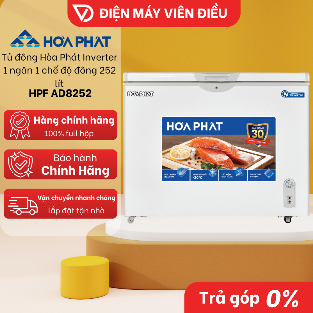 HPF AD8252 - Tủ Đông Hòa Phát Inverter 252 Lít HPF AD8252 1 Ngăn Đông Tiết Kiệm Điện Chính Hãng