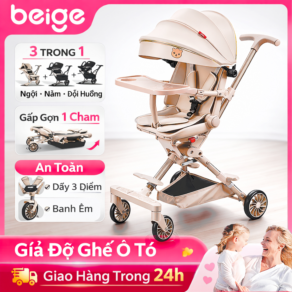 xe đẩy gấp gọn cho bé Beige,Có thể đặt ở phía trước xe máy,Có thể ngồi hoặc nằm, xoay 360 độ