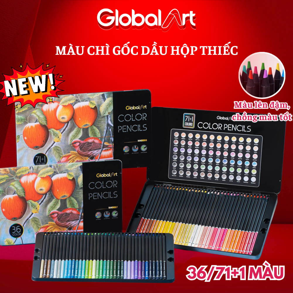 Bút Chì Màu Gốc Dầu Global Art 36/72 Màu Chì Hộp Thiếc Lõi 4mm Màu Đậm Mịn Không Ra Vụn Chì, Thiết K