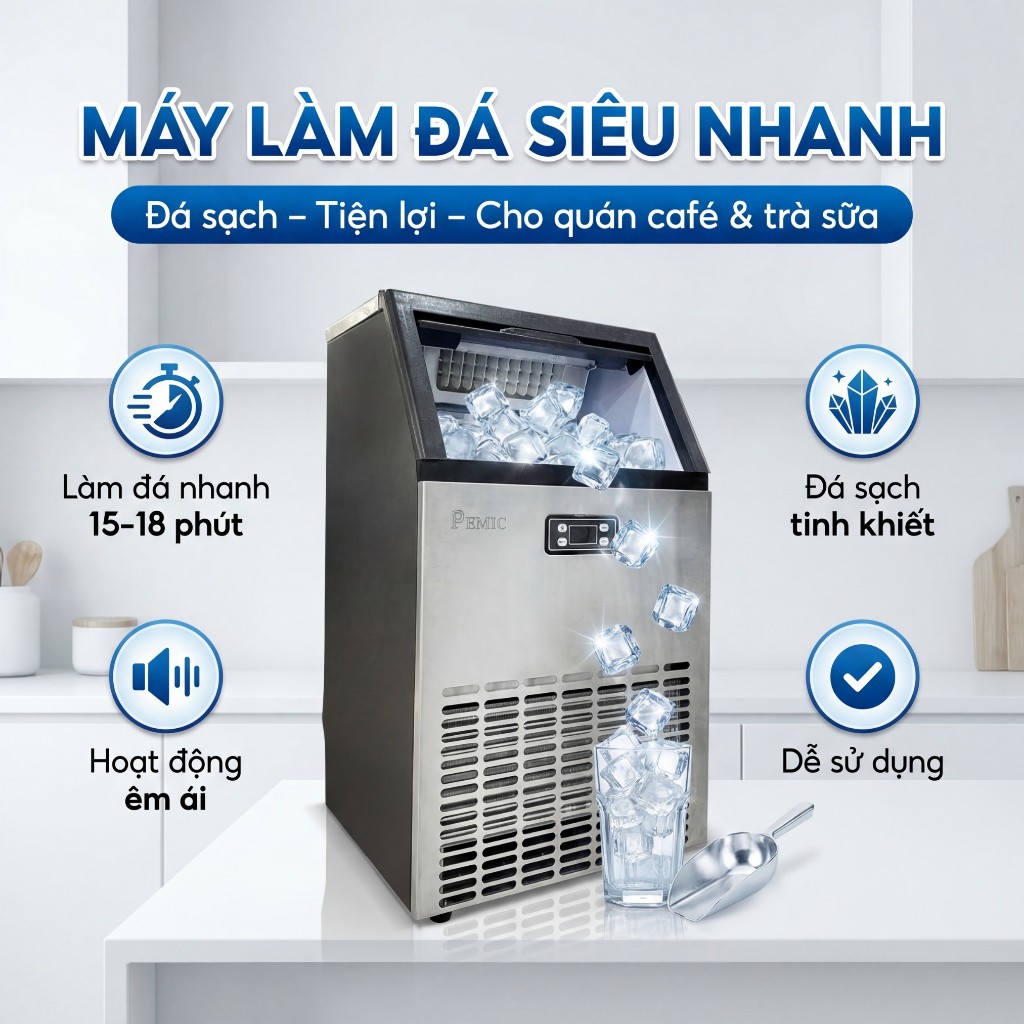 Máy làm đá PEMIC PK-45 | Sản lượng cam kết 35KG/ngày | Bảo hành máy nén 24 tháng | Bảo trì trọn đời
