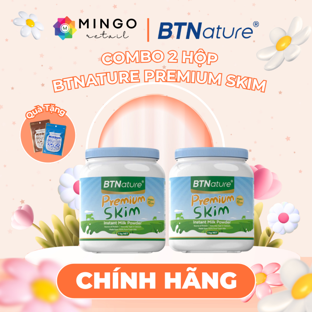 [COMBO 2 LON] Sữa Bột Tách Béo BTNature Skim –  Hộp 1kg – Giàu Canxi, Sũa Chuẩn Úc