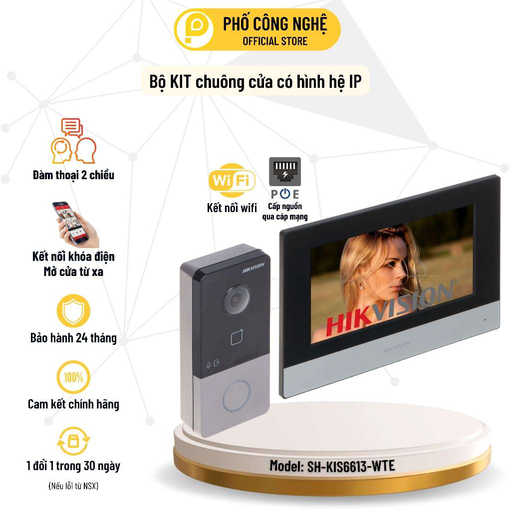 Bộ Kit chuông cửa có hình IP Hikvision SH-KIS6613-WTE, có App đàm thoại 2 chiều mở cửa từ xa