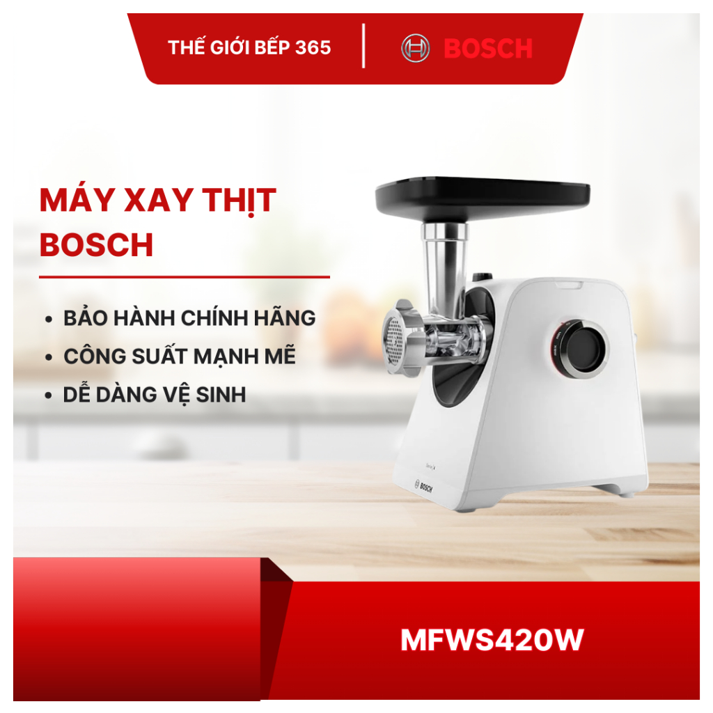 Máy xay thịt Bosch MFWS420W - Công Suất 500W, Lưỡi Thép Không Gỉ, Dễ Vệ Sinh