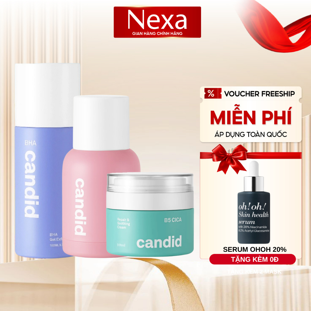 Bộ Ba Hỗ Trợ Cải Thiện Và Phục Hồi Da Candid Retinol 0.5% 30ml & Kem Dưỡng B5 Cica 50ml & BHA 100ml