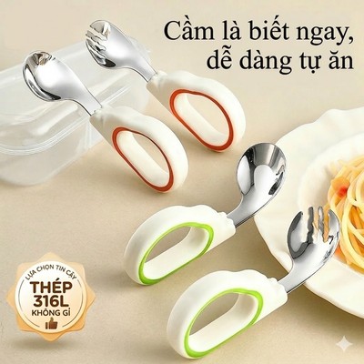 (Kèm hộp) Bộ Thìa Thìa Nĩa ăn dặm cho bé KidAndMom tay cầm vòng cong Silicone Inox 316 cao cấp