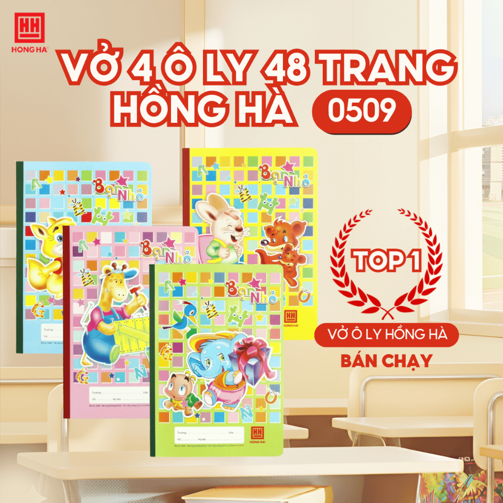 Vở Ô Ly Bạn Nhỏ Hồng Hà 48 trang, Vở Ô Ly Hồng Hà School định lượng 100gsm - 0509