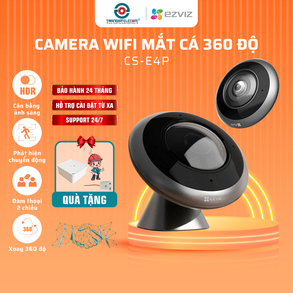 Camera WIFI EZVIZ E4P 6MP Mắt Cá Toàn Cảnh, AI Nhận Dạng Người, Đàm Thoại, Nhìn Đêm Hồng Ngoại - TRA