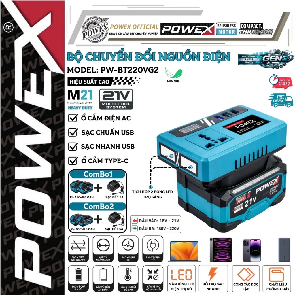 Bộ chuyển đổi điện POWEX PW-BT220VG2 – DC sang AC 110–220V, inverter nhỏ gọn đa dụng hiệu suất cao