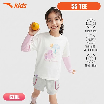 Áo Phông Tay Dài Bé gái ANTA Kids Moving to Nature 3625C9407. Áo Cotton Dệt Kim Mềm Mại, In Hình Voi Dễ Thương