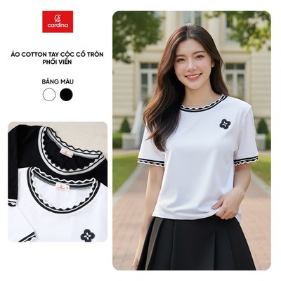 Áo phông nữ CARDINA chất liệu cotton tay cộc cổ tròn phối viền 6ATC02