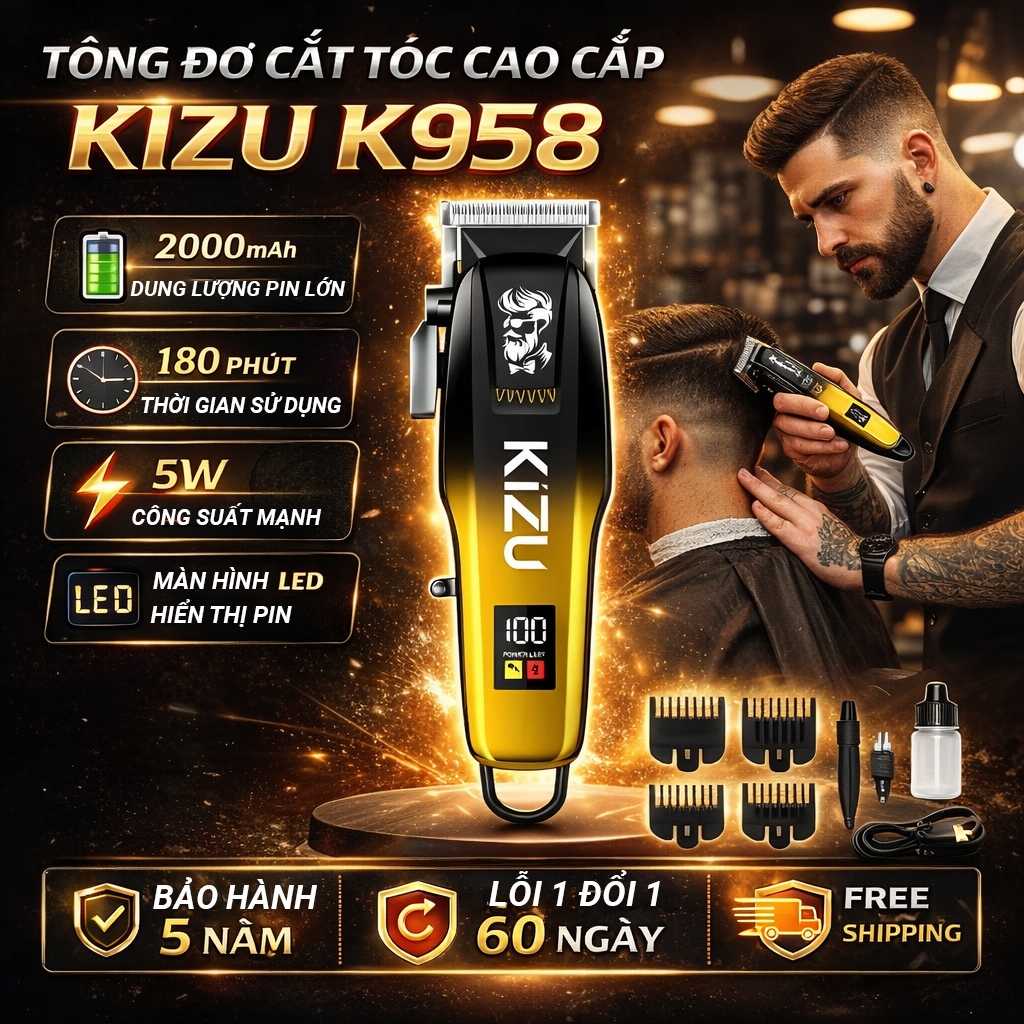 Tông Đơ Cắt Tóc Chuyên Nghiệp KIZU K958 Pin Trâu Lưỡi Sắc Thân Đồng Nguyên Khối Dùng Salon Tại Nhà