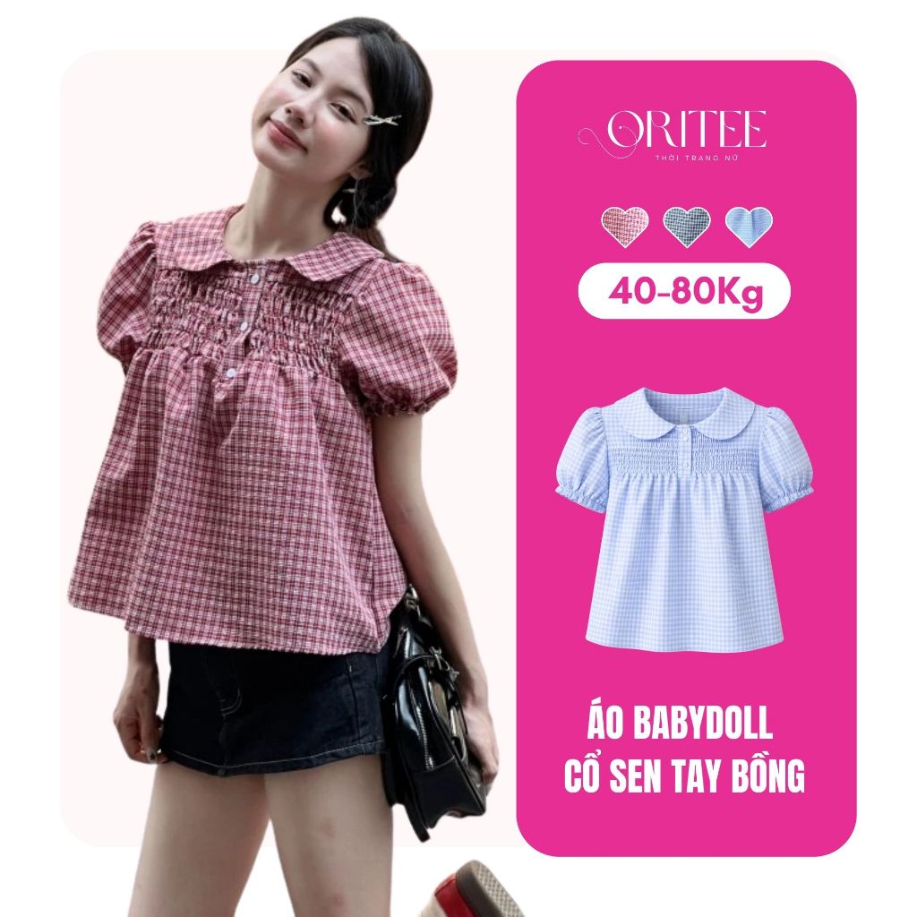 Áo babydoll kẻ caro cổ sen tay bồng có BIGSIZE, Áo kiểu babydoll kẻ caro dễ thương mùa hè Oritee