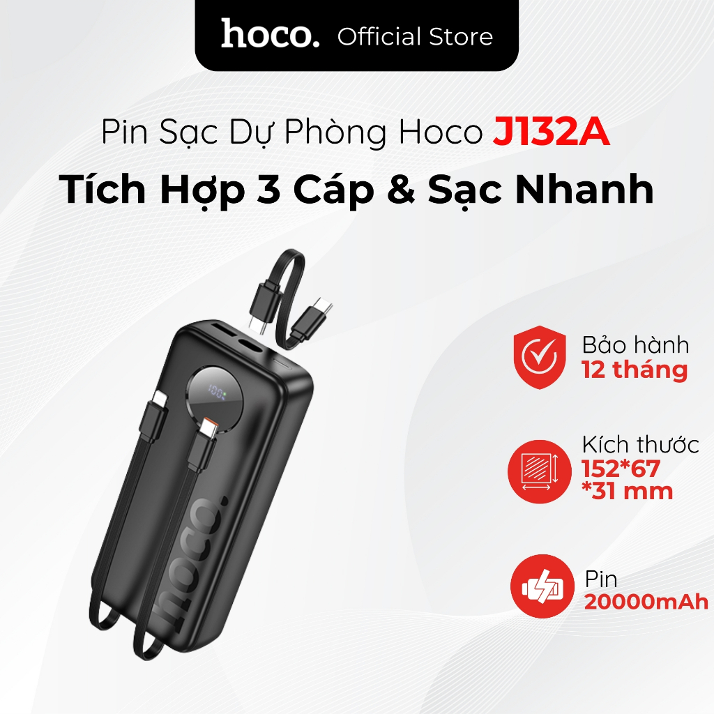 Pin Sạc Dự Phòng Hoco J132A Sabio 20000mAh - Tích Hợp 3 Cáp Sạc, Sạc Nhanh 22.5W & PD 20W, Màn Hình 