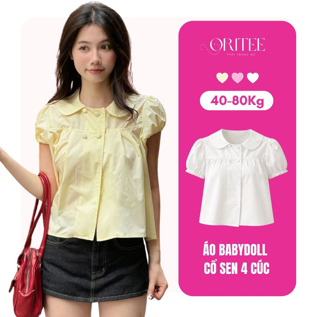 Áo babydoll 4 cúc tay bồng cổ sen có BIGSIZE, Áo kiểu babydoll dễ thương mùa hè Oritee